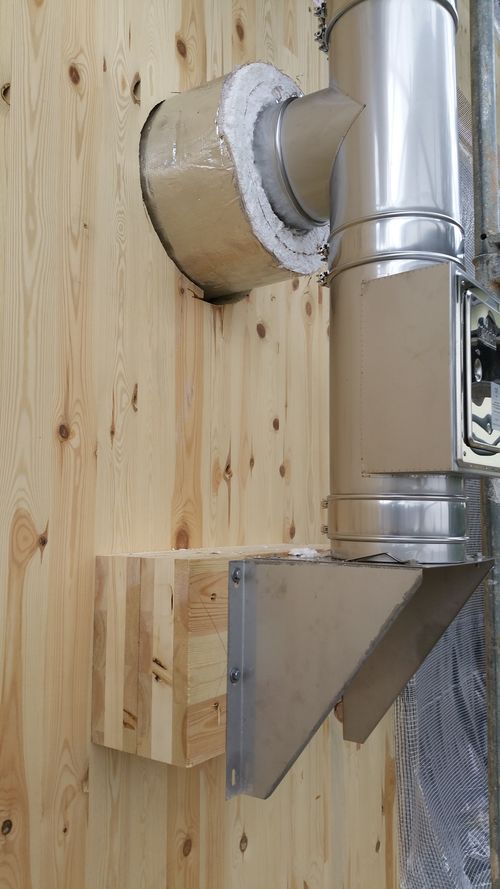 Außenkamin für ein Holzhaus mit Brandschutzblock